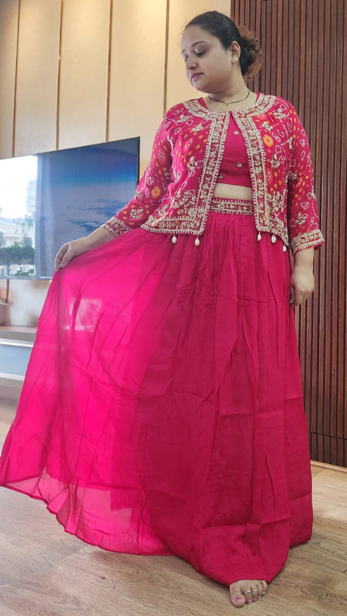 Deep Magenta Skirt Set with Jacket featuring Pearl Embellishments